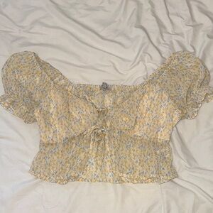 Floral Tie-Front Puff Sleeve Crop Top - Yellow